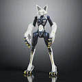 Anthropomorphic Cat Like Biomechanical Character With White Black Body And Yellow Claws Design
