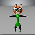Red Fur Cartoon Cat In Superhero Green Costume With Mask And Chest Emblem