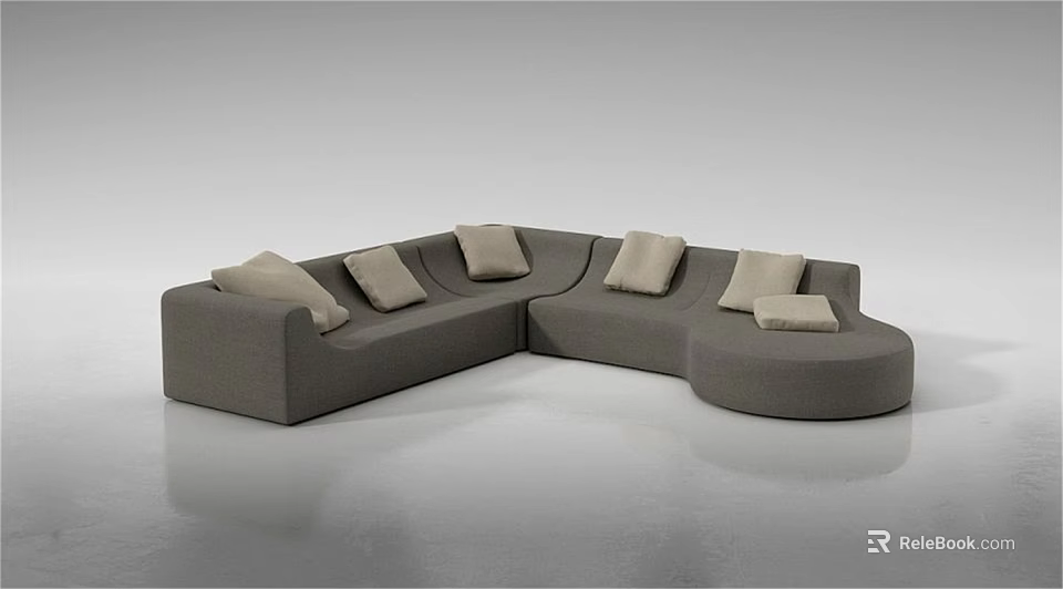 Modern Gray Sectional Sofa Set with Modular Design and Multiple Beige Cushions 3d model