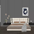 Modern White Double Bed With Upholstered Headboard Brown Pillows Grey Blanket Nightstand And Table Lamp