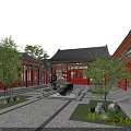 Ancient Chinese Architecture Courtyard With Red Buildings Black Roofs Stone Paved Path And Greenery