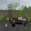 Outdoor Courtyard Garden With Cozy Sofa Plush Cushions Coffee Table Armchair And Lush Green Plants