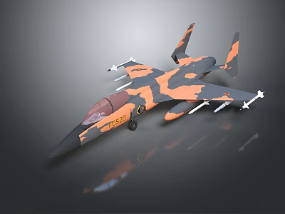 Camouflage Fighter Jet Model With Orange Black Paint And Weapons Under Wings 3d model