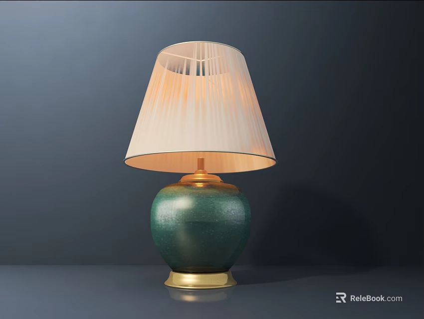 Elegant Table Lamp With Green Ceramic Base Gold Accents And Pleated White Lampshade 3d model 