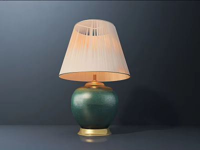 Elegant Table Lamp With Green Ceramic Base Gold Accents And Pleated White Lampshade 3d model