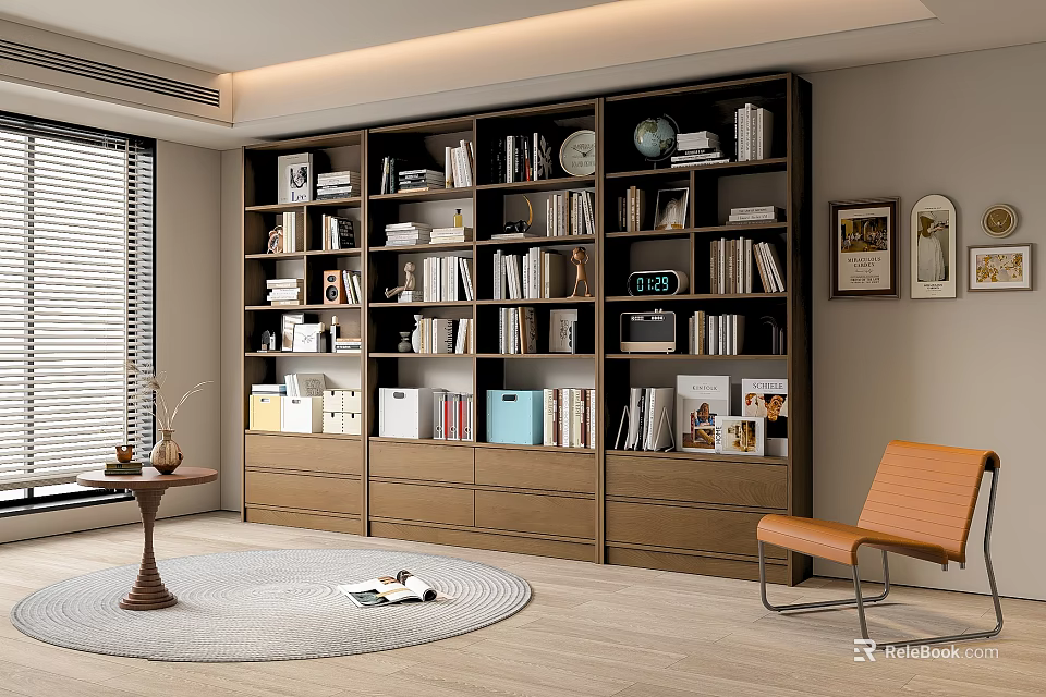 Modern Wooden Bookcase with Books Globe Decorations and Photo Frames in Cozy Living Room 3d model 
