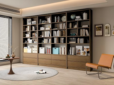 Modern Wooden Bookcase with Books Globe Decorations and Photo Frames in Cozy Living Room 3d model