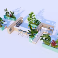 Various Bonsai Potted Plants In Green Planters With Outdoor Seating And Tables