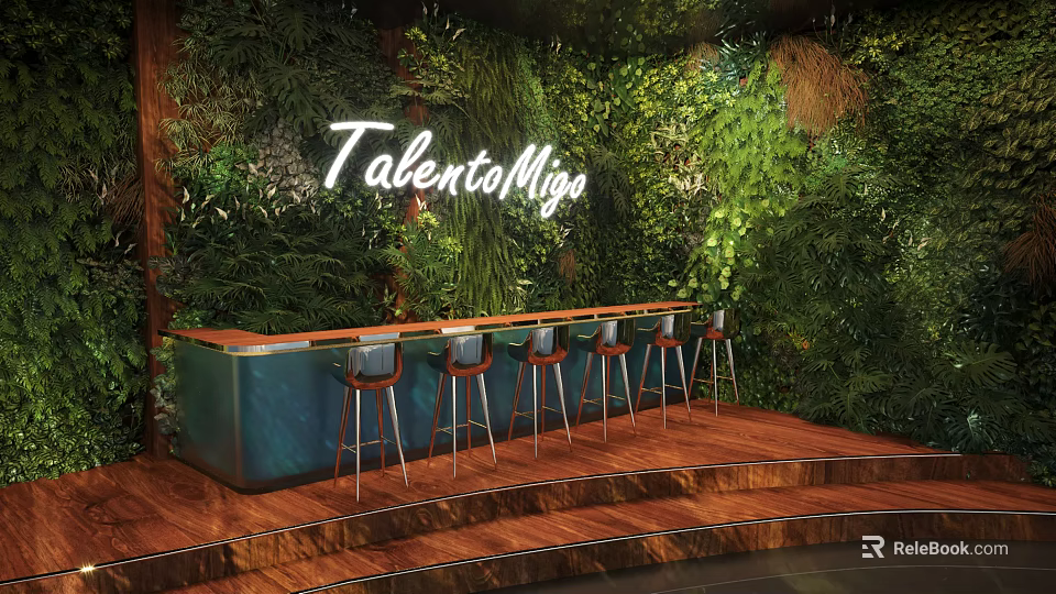 Bar Featuring TalentoMiga Neon Sign Green Plant Wall Wooden Countertop Bar Stools and Wooden Floor 3d model 