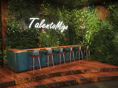 Bar Featuring TalentoMiga Neon Sign Green Plant Wall Wooden Countertop Bar Stools and Wooden Floor 3d model