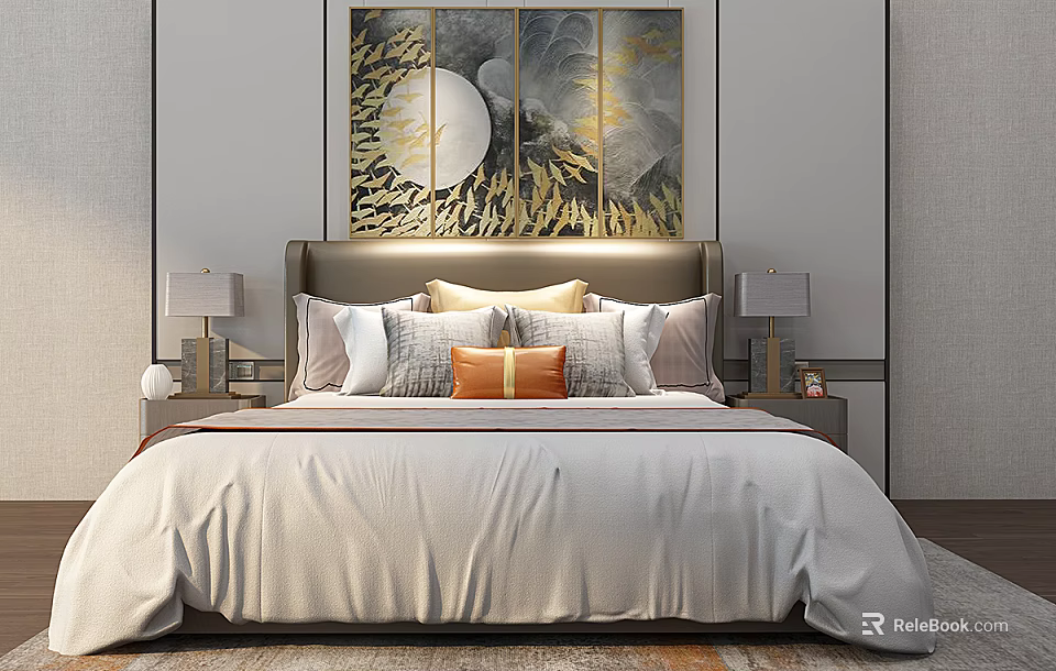 Modern Double Bed With Headboard Decorative Wall Art Bedside Tables Table Lamps And Multiple Pillows 3d model 