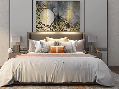 Modern Double Bed With Headboard Decorative Wall Art Bedside Tables Table Lamps And Multiple Pillows 3d model