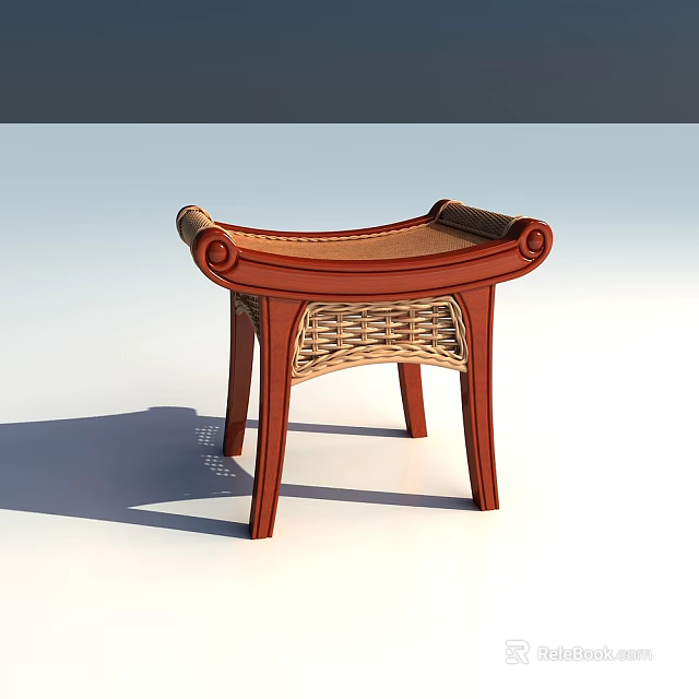 Elegant Classic Wooden Stool With Wicker Woven Seat Curved Armrests And Slender Legs 3d model 