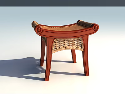 Elegant Classic Wooden Stool With Wicker Woven Seat Curved Armrests And Slender Legs 3d model