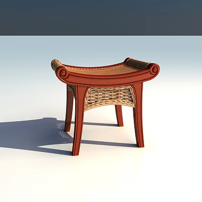 Elegant Classic Wooden Stool With Wicker Woven Seat Curved Armrests And Slender Legs 3d model