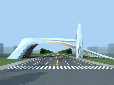 Modern Architectural Entrance Gate With Arched Structure Road Traffic And Greenery 3d model