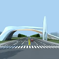 Modern Architectural Entrance Gate With Arched Structure Road Traffic And Greenery