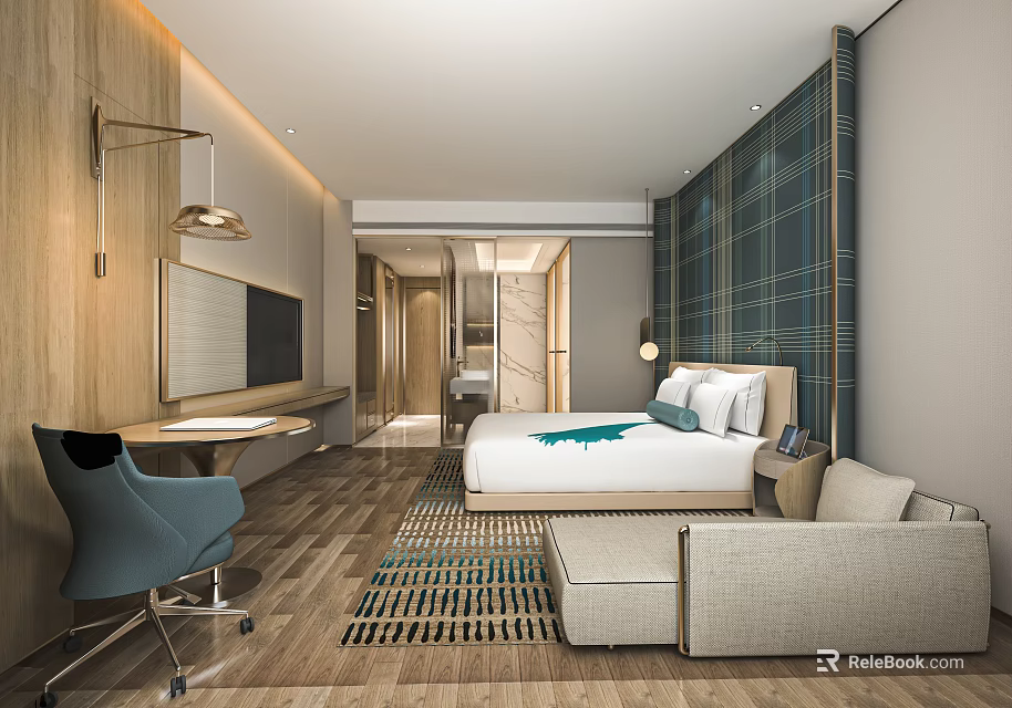 Modern Hotel Guest Room Interior With Comfortable Bed Sofa Wooden Decor Rug And TV 3d model 
