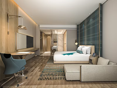 Modern Hotel Guest Room Interior With Comfortable Bed Sofa Wooden Decor Rug And TV 3d model