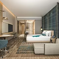 Modern Hotel Guest Room Interior With Comfortable Bed Sofa Wooden Decor Rug And TV