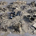 Scattered Stone Wood Debris Fragments With Metal Pipes And Earthen Pots
