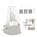White Canopy With Round Cushion Pillows Three Heart Wall Frames And Clothes Rack 3d model
