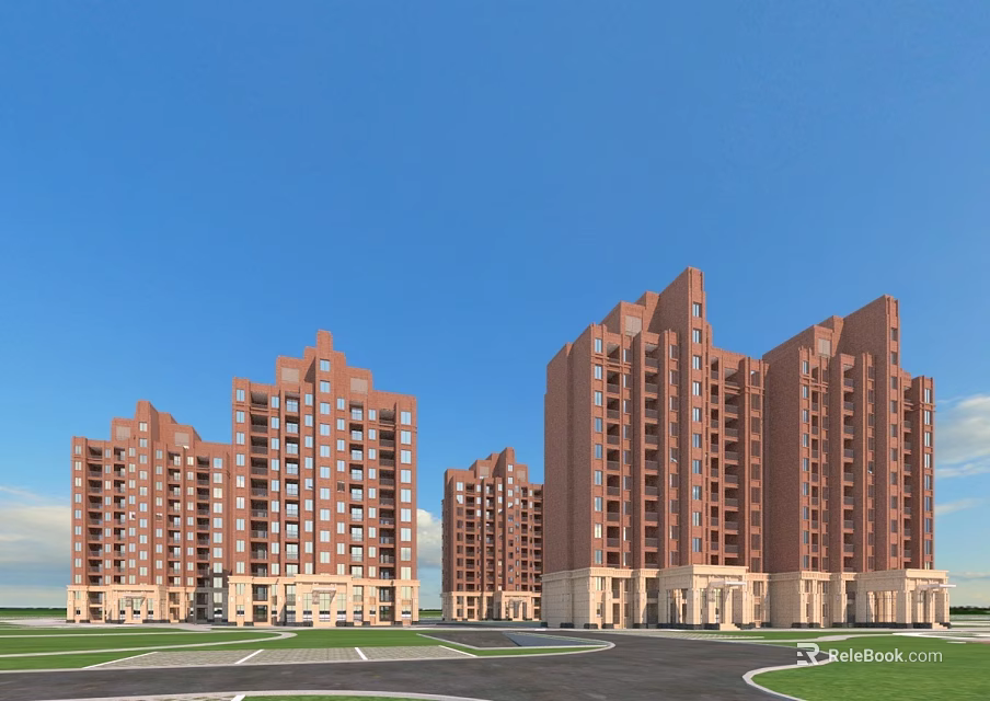 Reddish Brown Modern Multi Story Residential Buildings With Balconies Green Lawns Parking Area 3d model 
