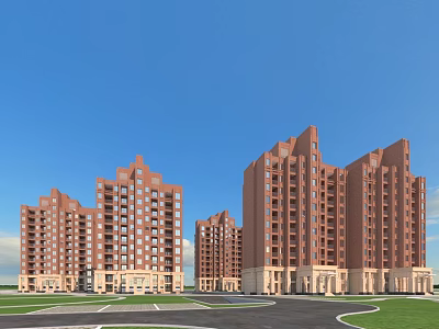 Reddish Brown Modern Multi Story Residential Buildings With Balconies Green Lawns Parking Area 3d model