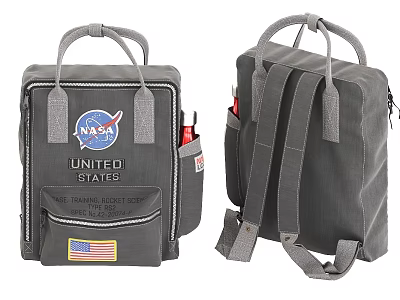 Gray NASA United States Backpack With American Flag Patch Top Handle And Shoulder Straps 3d model