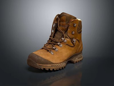 Brown Leather Hiking Boots With Lace Up Design And Rubber Lug Sole 3d model