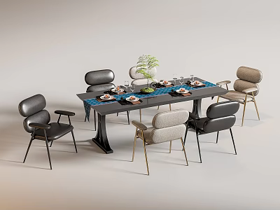 Modern Dining Table Set With Mixed Color Chairs Tabletop Plants And Dinnerware 3d model