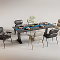 Modern Dining Table Set With Mixed Color Chairs Tabletop Plants And Dinnerware 3d model