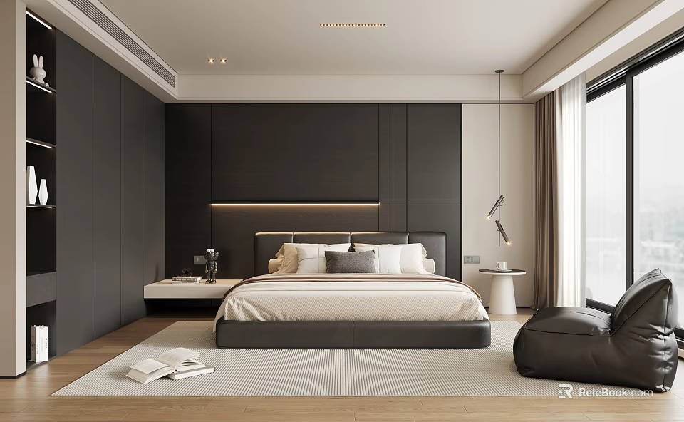 Modern Minimalist Bedroom Interior Design With Dark Wall Large Bed And Hanging Lamp 3d model 