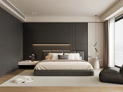 Modern Minimalist Bedroom Interior Design With Dark Wall Large Bed And Hanging Lamp 3d model