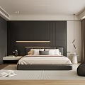 Modern Minimalist Bedroom Interior Design With Dark Wall Large Bed And Hanging Lamp