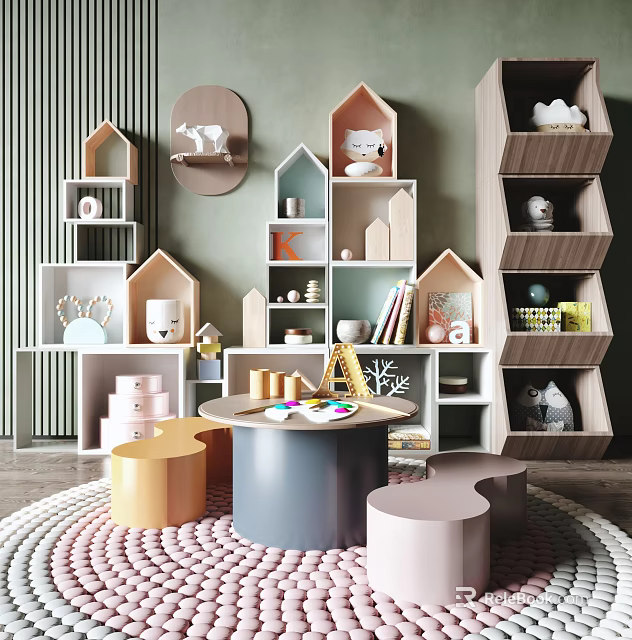 Kids Table In Playroom With House Shaped Storage And Stools 3d model 
