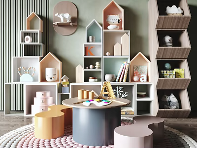 Kids Table In Playroom With House Shaped Storage And Stools 3d model