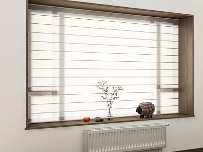White Striped Roller Blinds In Modern Window With Wooden Frame And Decorative Plants 3d model