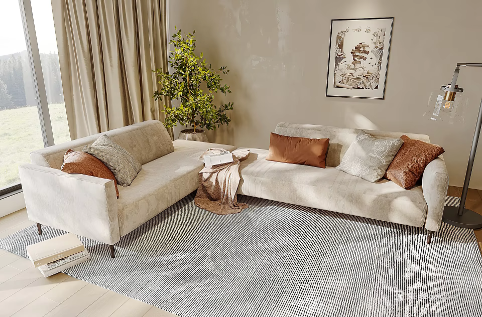 Beige Sectional Sofa with Brown and Gray Cushions Light Curtains Green Plant and Wall Art 3d model 