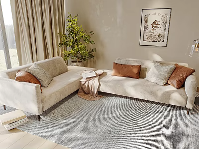 Beige Sectional Sofa with Brown and Gray Cushions Light Curtains Green Plant and Wall Art 3d model