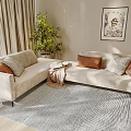 Beige Sectional Sofa with Brown and Gray Cushions Light Curtains Green Plant and Wall Art