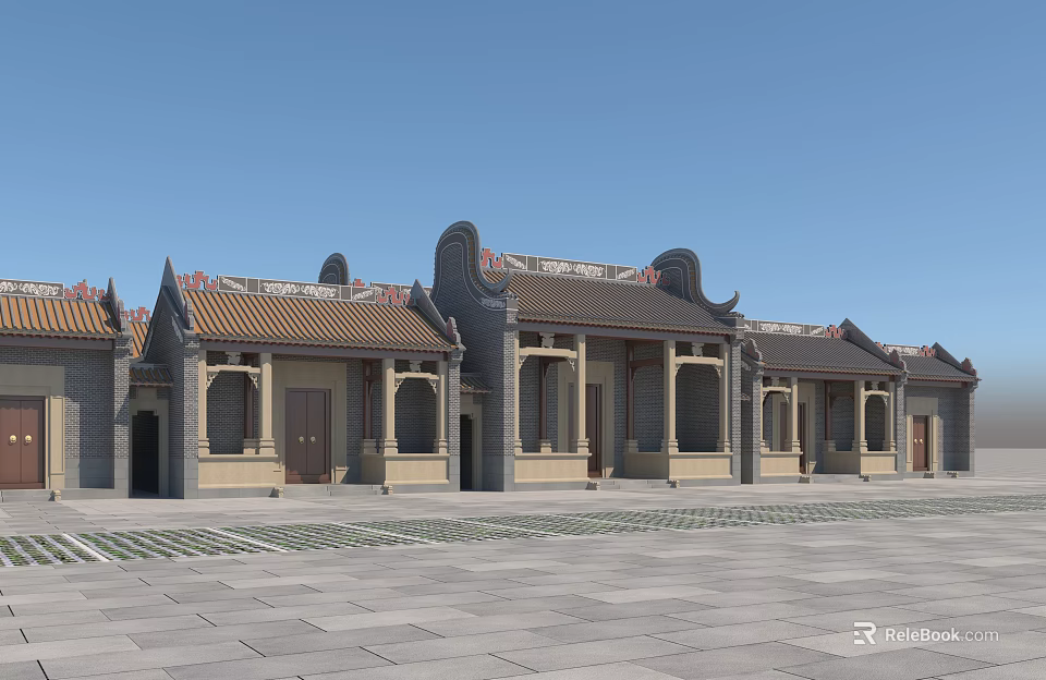 Ancient Architecture with Traditional Roof Tiles Wooden Doors and Stone Courtyard 3d model 