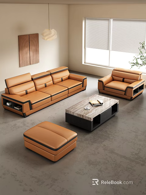 Modern Leather Sofa Coffee Table Set with Armchair Ottoman Marble Top and Black Frame 3d model