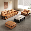 Modern Leather Sofa Coffee Table Set with Armchair Ottoman Marble Top and Black Frame 3d model