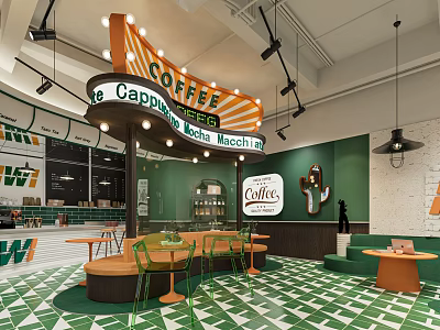Vibrant Café Interior With Neon Coffee Sign Green Walls And Geometric Floor 3d model