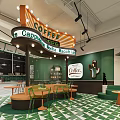 Vibrant Café Interior With Neon Coffee Sign Green Walls And Geometric Floor