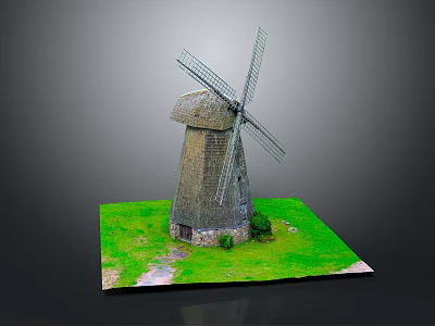 Detailed Wooden Windmill Model With Rotating Blades On Green Grass Base And Pathway 3d model