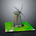 Detailed Wooden Windmill Model With Rotating Blades On Green Grass Base And Pathway