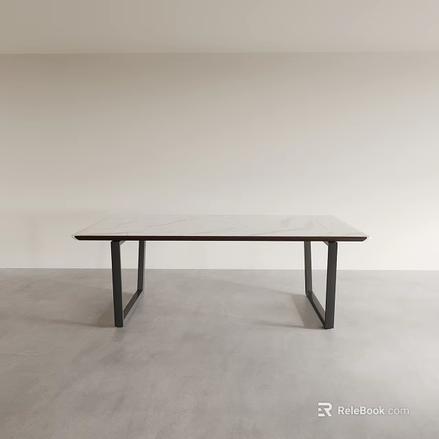 Modern Minimalist Dining Table With Rectangular Marble Top And Black Metal Legs 3d model 