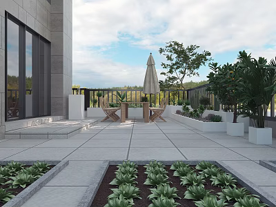 Modern Terrace Garden Landscape With Outdoor Plants Stone Pavement Wooden Furniture And Umbrella 3d model